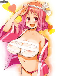 Rule 34 | 1girl, areola slip, arms behind back, bandages, breasts, character request, cowboy shot, heart, large breasts, logo, looking at viewer, navel, non-web source, off shoulder, official art, open mouth, pink eyes, pink hair, psychic hearts, ryoji (nomura ryouji), salute, short hair, solo