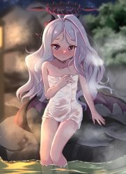 Rule 34 | 1girl, blue archive, blush, demon horns, demon wings, female focus, halo, highres, hina (blue archive), horns, long hair, looking at viewer, mamiyahara hitoshige, multiple horns, naked towel, on ground, onsen, partially submerged, purple eyes, silver hair, solo, steam, sweat, thighs, towel, tree, wings