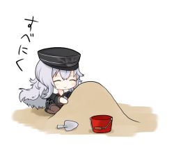 Rule 34 | 1girl, :&gt;, ^ ^, azur lane, black hat, black jacket, blush, brown pantyhose, bucket, chibi, closed eyes, closed mouth, commentary request, graf zeppelin (azur lane), hat, jacket, long hair, long sleeves, pantyhose, peaked cap, sand, seiza, silver hair, sitting, solo, takatsuki moni, translation request, trowel, very long hair, white background