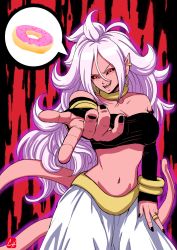 Rule 34 | 1girl, ahoge, alternate form, android 21, aura, bandeau, bare shoulders, black nails, black sclera, black sleeves, black tube top, bracelet, breasts, candy, chris re5, cleavage, collarbone, colored sclera, colored skin, cowboy shot, dessert, detached sleeves, doughnut, dragon ball, dragon ball fighterz, ear piercing, earrings, fangs, female focus, fingernails, food, grin, harem pants, highres, hoop earrings, jewelry, large breasts, light purple hair, long hair, long sleeves, looking at viewer, majin android 21, messy hair, midriff, nail polish, navel, neck ring, open mouth, pants, piercing, pink skin, pointing, pointy ears, red eyes, ring, smile, solo, speech bubble, standing, strapless, tail, tube top, white pants