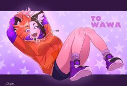 Rule 34 | 1girl, animal ear fluff, animal ears, arms behind head, black shorts, commentary, commission, commissioner name, dog ears, dog girl, drawstring, english commentary, full body, grey socks, hood, hoodie, indie virtual youtuber, long sleeves, looking at viewer, multicolored hair, open mouth, orange hoodie, purple eyes, purple footwear, short hair, shorts, signature, skeb commission, socks, solo, two-tone hair, uochandayo, wawa (vtuber)