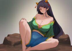 Rule 34 | 1girl, bare shoulders, barefoot, black hair, blue shorts, breasts, cleavage, closed mouth, collarbone, cone horns, expressionless, grey background, head tilt, highres, horns, large breasts, long hair, midriff peek, moriforest1040, navel, nippaku zanmu, off-shoulder shirt, off shoulder, red eyes, rock, shirt, short sleeves, shorts, simple background, sitting, spread legs, touhou, very long hair, yellow horns