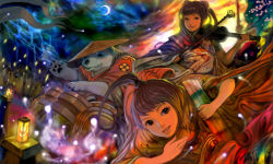 Rule 34 | 2girls, brown hair, cherry blossoms, crescent, digitalome, double bun, fantasy, floating hair, hat, instrument, japanese clothes, kimono, lantern, light, long hair, looking at viewer, magic, multiple girls, night, original, panda, personification, ponytail, rice hat, sky, smile, very long hair, violin