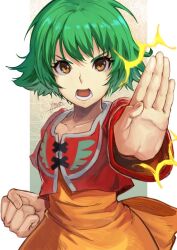 Rule 34 | 1girl, brown eyes, collarbone, dress, farah oersted, fingernails, green hair, highres, looking at viewer, open mouth, short hair, solo, tales of (series), tales of eternia, very short hair, yora