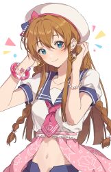 Rule 34 | 1girl, absurdres, blue eyes, blue sailor collar, blue skirt, blush, bracelet, braid, brown hair, closed mouth, collarbone, cropped shirt, earrings, gem, hands up, hano9789, heart, heart earrings, highres, idolmaster, idolmaster million live!, idolmaster million live! theater days, jewelry, kousaka umi, long hair, looking at viewer, midriff, navel, neckerchief, pearl (gemstone), red neckerchief, sailor collar, short sleeves, simple background, skirt, smile, solo, white background, white headwear