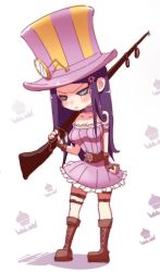 Rule 34 | 1girl, anger vein, angry, bare shoulders, beancurd, blue eyes, boots, breasts, caitlyn (league of legends), choker, cupcake, fingerless gloves, food, bear trap, full body, gloves, gun, hat, highres, large breasts, league of legends, purple hair, rifle, simple background, skirt, solo, top hat, weapon, white background