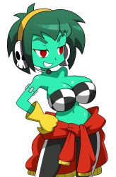 Rule 34 | 1girl, absurdres, bare shoulders, bikini, bra, breasts, checkered bikini, checkered bra, checkered clothes, cleavage, clothes around waist, colored skin, gloves, green hair, green skin, headphones, highres, large breasts, navel, pants, red eyes, rottytops, shantae (series), short hair, smile, solo, stitches, swimsuit, teeth, track pants, undead, underwear, zombie