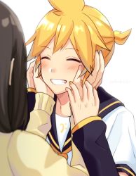 Rule 34 | 1boy, 1girl, artist name, bass clef, black collar, black sleeves, blonde hair, blush, brown hair, closed eyes, collar, commentary, detached sleeves, facing another, grin, hands on another&#039;s face, hands up, kagamine len, master (vocaloid), medium hair, nail polish, necktie, nokuhashi, open mouth, ribbed sleeves, sailor collar, school uniform, shirt, short hair, short ponytail, short sleeves, simple background, smile, solo focus, spiked hair, sweater, upper body, vocaloid, white shirt, yellow nails, yellow sweater