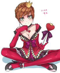 Rule 34 | 1girl, alice in wonderland, anna (frozen), braid, breasts, brown hair, cleavage, crown, disney, elbow gloves, french braid, frozen (disney), gloves, green eyes, high heels, highres, japanese text, kokuchuutei, looking at viewer, queen of hearts (alice in wonderland), smile, solo, thighhighs, translated