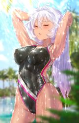 Rule 34 | 1girl, armpits, arms up, blush, breasts, cameltoe, closed eyes, commission, competition swimsuit, day, highres, long hair, makumaxu, medium breasts, one-piece swimsuit, original, outdoors, palm tree, reflection, reflective water, shiny clothes, shiny skin, showering, skeb commission, sky, standing, sunlight, swimsuit, tan, tree, water, wet, wet clothes, wet swimsuit, white hair