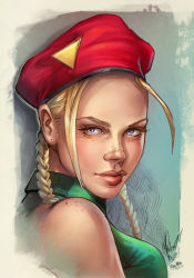Rule 34 | 1girl, antenna hair, beret, blonde hair, blue eyes, braid, breasts, cammy white, capcom, cedric poulat, collaboration, eyelashes, freckles, hat, leotard, lips, long hair, nose, portrait, signature, street fighter, twin braids, ula mos