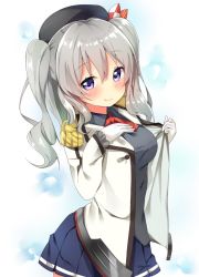 Rule 34 | 10s, 1girl, beret, blue eyes, blush, breasts, epaulettes, female focus, frilled sleeves, frills, gloves, hat, highres, jacket, kantai collection, kashima (kancolle), kerchief, large breasts, light smile, long hair, looking at viewer, military, military uniform, miniskirt, negino ki, open clothes, pleated skirt, purple eyes, sidelocks, silver hair, skirt, smile, solo, tareme, twintails, undressing, uniform, wavy hair, white gloves