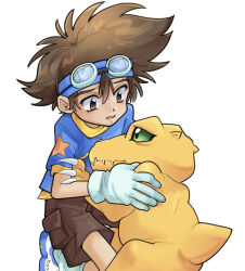Rule 34 | brown shorts, digimon, digimon (creature), digimon adventure, fangs, gelato ss1, gloves, goggles, goggles on head, green eyes, hug, shorts, simple background, star (symbol), white background, white footwear, white gloves, yagami taichi