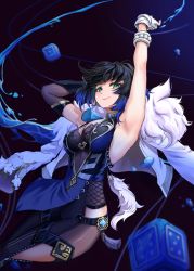 Rule 34 | 1girl, absurdres, armpit focus, armpits, arms up, black hair, blue eyes, bodystocking, breasts, cleavage, closed mouth, clothing cutout, coat, commentary, dated commentary, dice, elbow gloves, fur-trimmed coat, fur trim, genshin impact, gloves, highres, jeon (user ywaw3774), leg cutout, looking at viewer, medium breasts, mole, mole on breast, pelvic curtain, short hair, smile, solo, thighs, vision (genshin impact), water, white coat, white gloves, yelan (genshin impact)