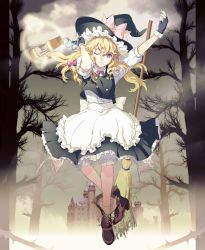 Rule 34 | 1girl, apron, bad id, bad pixiv id, blonde hair, boots, broom, castle, dress, female focus, fingerless gloves, floating, fog, gloves, hat, hat ribbon, highres, izu (lbctsissynl), kirisame marisa, lamp, one eye closed, ribbon, shoes, solo, touhou, tree, upa, wink, witch, witch hat