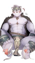 Rule 34 | 1boy, 2others, abs, absurdres, animal ears, anklet, bandaged foot, bandages, bara, barefoot, belt, belt buckle, blush, body fur, buckle, bulge, drooling, feet, from below, furry, furry male, headband, highres, horkeu kamui, feet, jacket, jacket on shoulders, jewelry, large pectorals, licking, licking foot, looking down, male focus, mikky, multiple others, muscular, navel, nipples, one eye closed, pectorals, pov, revealing clothes, scar, simple background, sitting, soles, solo focus, thighs, tickle torture, tickled, tickling, tickling feet, ticklish, toes, tokyo houkago summoners, tongue, topless male, twitching
