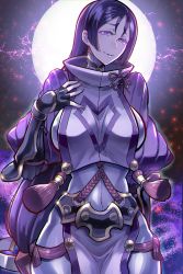 Rule 34 | 1girl, arm guards, belt, bodysuit, breasts, cape, cleavage, commentary request, covered navel, cowboy shot, fate (series), fingerless gloves, full moon, gloves, hand on own chest, large breasts, long hair, looking at viewer, matsumoto tomoyohi, minamoto no raikou (fate), moon, night, night sky, parted lips, pelvic curtain, petals, purple eyes, purple hair, skindentation, sky, smile, solo