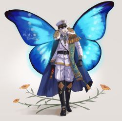 Rule 34 | 1boy, belt, black gloves, boots, butterfly wings, cape, fairy, gloves, hat, highres, insect wings, knee boots, male focus, military, military uniform, nokuran, original, peaked cap, scepter, solo, uniform, wings