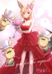 Rule 34 | 1girl, animal ear fluff, animal ears, bare arms, bare shoulders, blonde hair, commission, dress, ear ornament, ear wreath, flower wreath, fox ears, grin, high-low skirt, highres, hololive, layered dress, looking at viewer, medium hair, multicolored hair, omaru polka, pink hair, pixiv commission, red dress, smile, solo, solo focus, strapless, strapless dress, streaked hair, virtual youtuber, yami ara, zain (omaru polka)