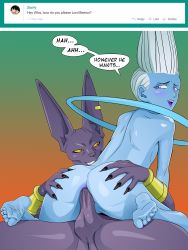 Rule 34 | 2boys, anal, artist name, beerus, black nails, blush, claws, colored anus, commentary, dragon ball, dragon ball super, english commentary, english text, eyelashes, feet, grabbing another&#039;s ass, highres, lipstick, makeup, multiple boys, nail polish, nearphotison, nude, penis, purple nails, sex, toei animation, toenail polish, toenails, whis