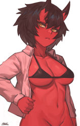 Rule 34 | 1girl, :&lt;, bikini, black bikini, black hair, bottomless, breasts, closed mouth, collared shirt, colored skin, cowboy shot, hand on own hip, head tilt, horns, kidouko (zakusi), looking at viewer, medium breasts, micro bikini, navel, oni, oni horns, open clothes, open shirt, original, out-of-frame censoring, red oni, red skin, shirt, short hair, signature, simple background, slit pupils, solo, standing, swimsuit, symbol-only commentary, toned, underboob, white background, white shirt, wing collar, yellow eyes, zakusi