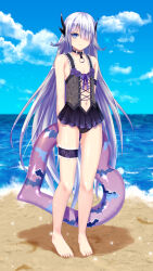 Rule 34 | 1girl, akashic chronicle, anna (akashic chronicle), ano hito, arms behind back, barefoot, black collar, black one-piece swimsuit, blue eyes, blue sky, cloud, collar, commentary, flat chest, full body, hair over one eye, horizon, horns, innertube, legs, long hair, navel, ocean, one-piece swimsuit, purple hair, sky, solo, swim ring, swimsuit, thigh strap, toes, very long hair