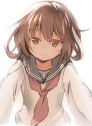 Rule 34 | 10s, 1girl, brown eyes, brown hair, commentary request, hair ornament, hairclip, hoshi umi, ikazuchi (kancolle), kantai collection, looking at viewer, neckerchief, pleated skirt, pov, sailor collar, school uniform, serafuku, short hair, simple background, skirt, smile, solo, upper body, white background