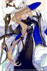 Rule 34 | 1girl, absurdres, black bow, black bowtie, black ribbon, blonde hair, blue eyes, border, bow, bowtie, braid, brooch, capelet, fate/grand order, fate (series), glasses, gold trim, hair over shoulder, hair ribbon, hand on headwear, hand up, hat, highres, holding, holding staff, jewelry, long hair, long sleeves, looking at viewer, nasubi illust, parted lips, red brooch, ribbon, robe, round eyewear, single braid, solo, staff, striped, aesc (fate), two-tone capelet, white border, white capelet, white hat, white robe, wide sleeves, witch hat