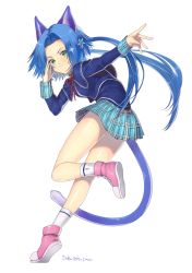 Rule 34 | 1girl, alternate costume, animal ears, belt collar, blue hair, capelet, cat ears, cat tail, closed mouth, collar, flower, green eyes, hair intakes, highres, long hair, looking at viewer, meracle chamlotte, miniskirt, murata tefu, neck ribbon, ribbon, shoes, simple background, skirt, smile, socks, solo, standing, standing on one leg, star ocean, star ocean anamnesis, star ocean the last hope, tail, twintails, white background