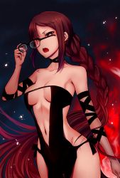 Rule 34 | 1girl, :o, angry, arm strap, black-framed eyewear, black choker, black dress, breasts, breasts apart, brown eyes, brown hair, choker, commentary request, dress, earrings, fate/grand order, fate (series), glasses, glowing, glowing eyes, harurukan, highres, jewelry, long hair, looking at viewer, navel, open mouth, removing eyewear, revealing clothes, small breasts, solo, underboob, very long hair, yu mei-ren (fate)