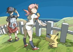 Rule 34 | 1boy, 1girl, against fence, backpack, backwards hat, bag, baseball cap, can, creatures (company), day, donnpati, ethan (pokemon), fence, game freak, gen 1 pokemon, grass, gym leader, hair tie, hat, highres, holding, holding can, leaning forward, nintendo, outdoors, parted lips, pikachu, pink hair, pokemon, pokemon (creature), pokemon gsc, shirt, shoes, short sleeves, shorts, side slit, side slit shorts, socks, standing, white shorts, whitney (pokemon)