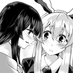 Rule 34 | 2girls, :&lt;, animal ears, black hair, blazer, blush, commentary request, greyscale, hair between eyes, hime cut, houraisan kaguya, jacket, long hair, looking at another, mana (gooney), monochrome, multiple girls, necktie, open mouth, rabbit ears, reisen udongein inaba, shirt, textless version, touhou