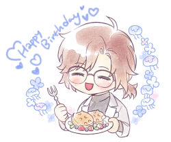 Rule 34 | 1girl, blush, brown hair, closed eyes, commentary request, cropped torso, eoduun badaui deungbul-i doeeo, food, fork, glasses, happy birthday, holding, holding food, holding fork, holding plate, jellyfish, korean commentary, lab coat, open mouth, over-rim eyewear, p1rorin9, pancake, plate, ponytail, semi-rimless eyewear, short ponytail, simple background, smile, solo, upper body, white background, yu geum-i