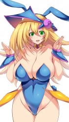 Rule 34 | 1girl, blonde hair, breasts, cleft of venus, curvy, dark magician girl, duel monster, female focus, green eyes, hair over breasts, hat, huge breasts, leotard, long hair, looking at viewer, magical girl, partially visible vulva, shiny skin, smile, solo, standing, tsukasawa takamatsu, upper body, yu-gi-oh!, yu-gi-oh! duel monsters