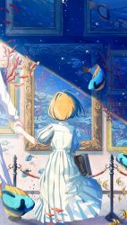 Rule 34 | 1girl, ahoge, air bubble, angelfish, art gallery, blonde hair, blue dress, bob cut, book, bubble, collared dress, coral, drawing (object), dress, fish, from behind, highres, holding, holding book, holding hands, indoors, light, looking at object, moorish idol, original, painting (object), picture frame, puffy short sleeves, puffy sleeves, shadow, shi-ro, short hair, short sleeves, size difference, stanchion, standing, surgeonfish, tropical fish, underwater, white dress