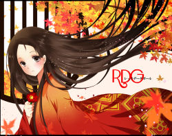 Rule 34 | 1girl, autumn, autumn leaves, blurry, brown hair, camellia, depth of field, flower, holding, holding flower, japanese clothes, leaf, letterboxed, long hair, looking at viewer, maple leaf, pop159, rdg red data girl, solo, suzuhara izumiko, title, very long hair, window