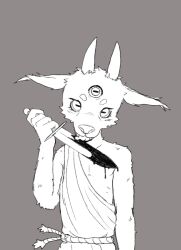Rule 34 | 1boy, animal nose, azmohdeus, bare shoulders, commentary, dagger, demon, demon boy, extra eyes, furry, furry male, goat boy, grey background, greyscale, highres, holding, holding dagger, holding knife, holding weapon, horns, knife, licking blood, male focus, monochrome, original, rope belt, simple background, solo, symbol-only commentary, toga, weapon