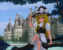 Rule 34 | 1girl, bad id, bad pixiv id, blonde hair, bloomers, castle, female focus, hand on headwear, hat, hat ribbon, in tree, isozaki bebebe, kirisame marisa, long hair, looking at viewer, puffy sleeves, ribbon, sitting, sitting in tree, solo, touhou, tree, underwear, witch, witch hat, yellow eyes