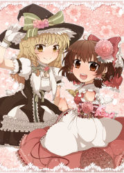Rule 34 | 2girls, :d, aoi (annbi), bare shoulders, blonde hair, bow, braid, brown eyes, brown hair, curiosities of lotus asia, detached sleeves, dress, female focus, flower, frills, gloves, hair bow, hair flower, hair ornament, hair tubes, hakurei reimu, hat, hat bow, highres, japanese clothes, kirisame marisa, long hair, looking at viewer, miko, multiple girls, open mouth, single braid, smile, touhou, white gloves, witch, witch hat, yellow eyes