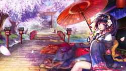 Rule 34 | 1girl, black hair, blue eyes, blush, copyright request, highres, holding, holding umbrella, long hair, looking at viewer, parasol, parted lips, sitting, smile, solo, spirtie, torii, umbrella