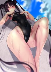 Rule 34 | 1girl, absurdres, andou you, bare shoulders, black one-piece swimsuit, blue eyes, blue sky, blunt bangs, blush, breasts, closed mouth, competition swimsuit, covered erect nipples, covered navel, double bun, fate/grand order, fate (series), hair bun, hair ornament, hands on own chest, highleg, highleg swimsuit, highres, knee up, leaf hair ornament, legs, long hair, looking at viewer, medium breasts, one-piece swimsuit, purple hair, sidelocks, sky, smile, solo, swimsuit, twintails, very long hair, wet, yang guifei (fate)