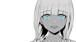 Rule 34 | 1girl, :d, bead necklace, beads, blue eyes, commentary request, danganronpa (series), danganronpa v3: killing harmony, ewa (seraphhuiyu), highres, jewelry, looking at viewer, low twintails, necklace, open mouth, portrait, smile, solo, spot color, twintails, white background, yonaga angie