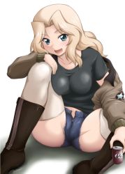 Rule 34 | 1girl, black footwear, black shirt, blonde hair, blue eyes, blue shorts, boots, breasts, brown jacket, can, commentary, cutoffs, denim, denim shorts, drink can, emblem, girls und panzer, hair intakes, holding, holding can, hugging own legs, jacket, kay (girls und panzer), long hair, long sleeves, looking at viewer, medium breasts, military, military uniform, off shoulder, open clothes, open fly, open jacket, open mouth, saunders military uniform, shadow, shirt, short shorts, short sleeves, shorts, sitting, smile, soda can, solo, star (symbol), t-shirt, thighhighs, twintails, uniform, white thighhighs, yts takana