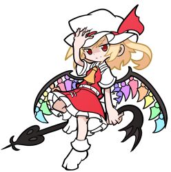 Rule 34 | 1girl, ascot, blonde hair, crystal, flandre scarlet, full body, hand on headwear, hat, hat ribbon, laevatein (touhou), looking at viewer, medium hair, one side up, puyopuyo, rainbow order, red eyes, red ribbon, red skirt, red vest, ribbon, shinmon akika, shirt, skirt, socks, solo, touhou, vest, white hat, white shirt, white socks, wings, yellow ascot