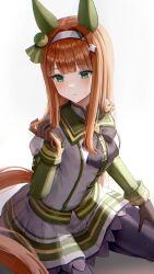 Rule 34 | 1girl, animal ears, aqua eyes, black bow, black gloves, blush, bow, closed mouth, commentary request, ear covers, gloves, hairband, highres, hime cut, holding own hair, horse ears, horse girl, horse tail, jacket, juliet sleeves, long hair, long sleeves, on ground, orange hair, pleated skirt, puffy sleeves, silence suzuka (umamusume), simple background, sitting, skirt, solo, tail, umamusume, wariza, white background, white hairband, white jacket, white skirt, yoimoriyoru
