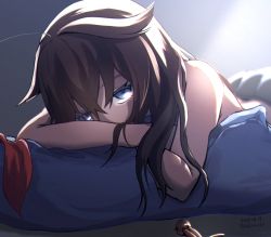 Rule 34 | 1girl, ahoge, arm rest, blue eyes, dated, hair between eyes, hair down, hair flaps, infini, kantai collection, long hair, looking at viewer, lying, on stomach, shigure (kancolle), shigure kai ni (kancolle), simple background, solo, twitter username, upper body