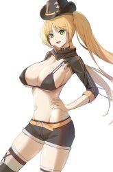 Rule 34 | 1girl, :d, azur lane, belt, bikini, bikini top only, black bikini, black choker, black hat, black shirt, black shorts, black thighhighs, blonde hair, breasts, choker, cleavage, commentary, cowboy hat, floating hair, front-tie bikini top, front-tie top, green eyes, groin, hand on own hip, hat, high collar, highres, hornet (azur lane), hornet ii (azur lane), large breasts, lom (lom lom 8), long hair, looking at viewer, navel, open mouth, parted bangs, shirt, short shorts, shorts, shrug (clothing), sidelocks, simple background, skindentation, smile, solo, standing, stomach, swimsuit, thighhighs, twintails, very long hair, white background, yellow belt