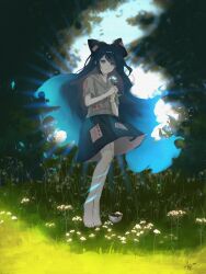 Rule 34 | 1girl, absurdres, amedama ameme, bare legs, barefoot, blue eyes, blue hair, blue skirt, bracelet, closed mouth, daisy, day, flower, full body, grass, grey shirt, highres, holding, holding flower, jewelry, long hair, looking at viewer, magic, outdoors, shade, shirt, short sleeves, signature, skirt, solo, standing, sunlight, touhou, white flower, yorigami shion