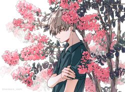 Rule 34 | 1boy, absurdres, blue shirt, branch, brown hair, closed mouth, collared shirt, commentary request, flower, from side, grey eyes, hand on own arm, highres, kankara nashi, looking at viewer, male focus, original, profile, red flower, shirt, short hair, short sleeves, sideways glance, simple background, solo, tree, twitter username, upper body, white background