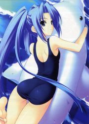 Rule 34 | 1girl, ass, barefoot, blue eyes, blue hair, feet, highres, long hair, looking back, matching hair/eyes, one-piece swimsuit, r g b, school swimsuit, shiki ai, solo, suzuhira hiro, swimsuit, twintails, very long hair